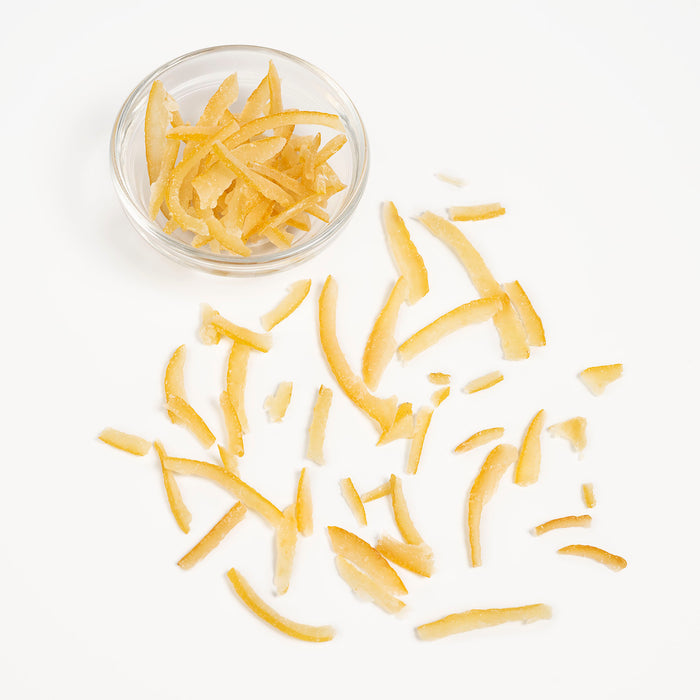 A bowl of dry candied setouchi lemon peels