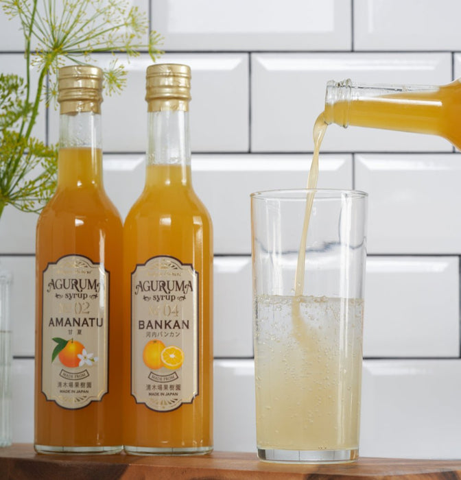 Two bottles of citrus syrup next to soda