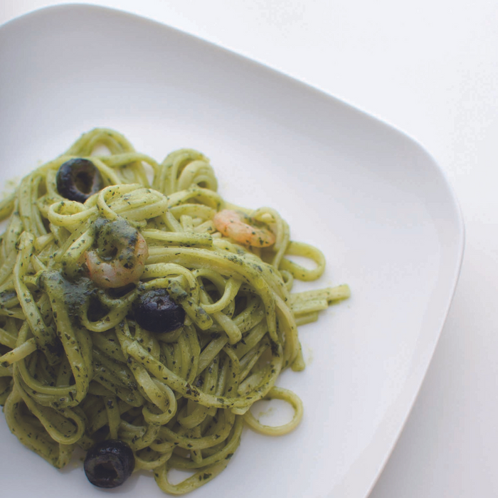 A plate of pasta with shiso EVOO sauce