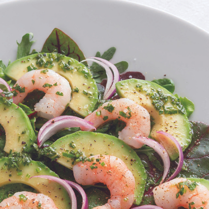 A shrimp and avocado salad with shiso EVOO sauce