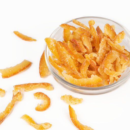 Dry candied Iyokan peels in a bowl