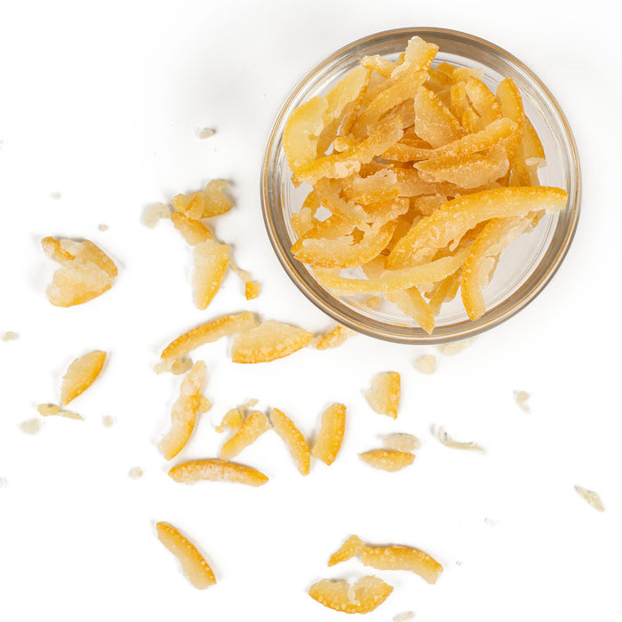 Dry candied kawachi bankan peels in a bowl