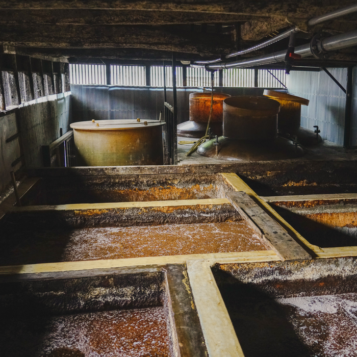 Wooden barrels of soy sauce in brewery