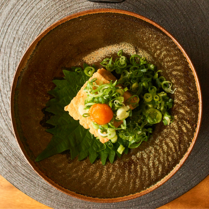 A bowl of deep fried sesame tofu topped with scalliion