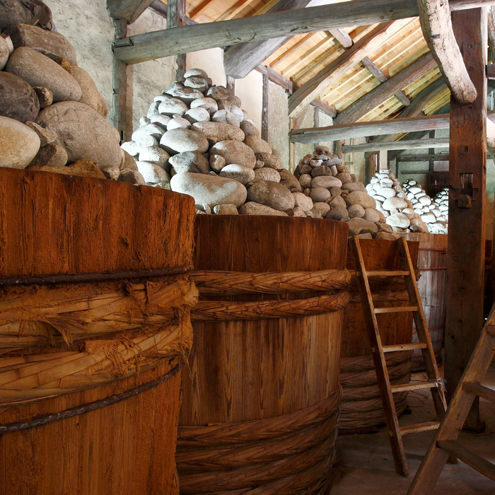 Miso barrels lining in brewery