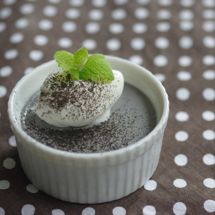 A bowl of black sesame latte mixed pudding