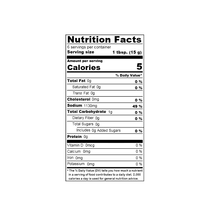 Nutrition facts label of the product