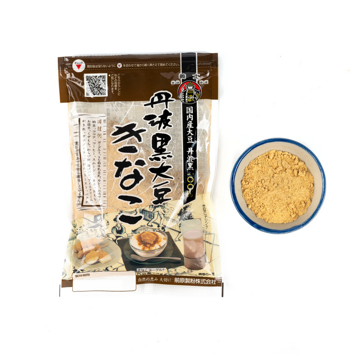 A small bowl of kinako powder next to package - overhead shot