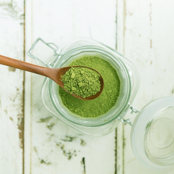 Man taking organic mulberry matcha powder with wooden spoon
