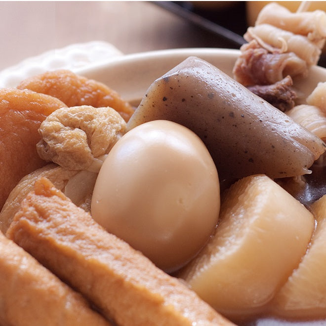 Simmered vegetables, eggs, meat, and fish cakes