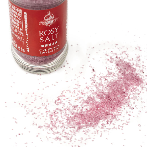 Rose salt next to the package bottle