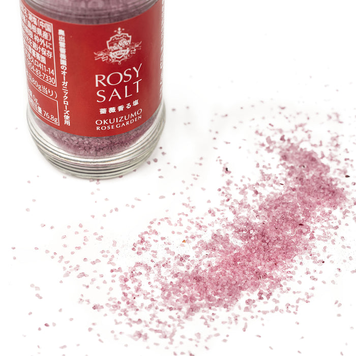 Rose salt next to the package bottle