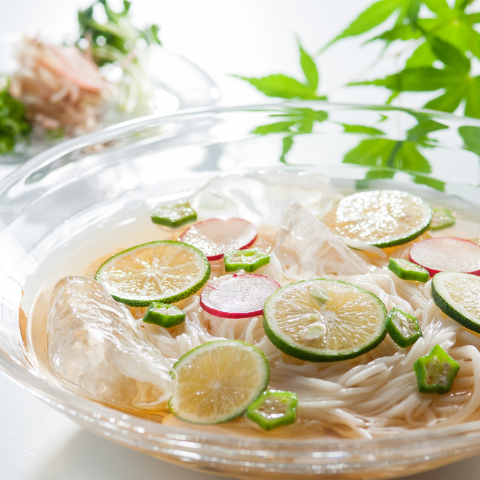 A bowl of cold udon soup noodles