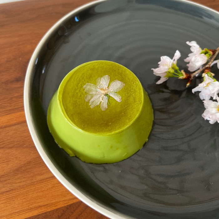 Matcha Pudding with Dried Sakura Blossom 