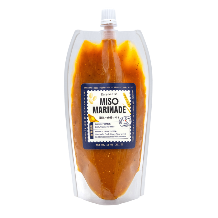 Packaged miso marinade with a label on a white background