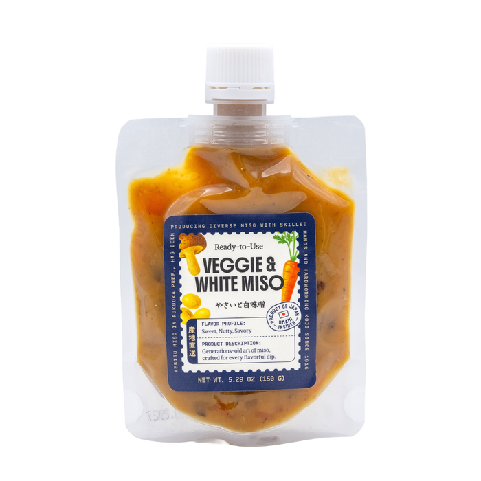 Packaged product labeled 'Veggie & White Miso' on a white background