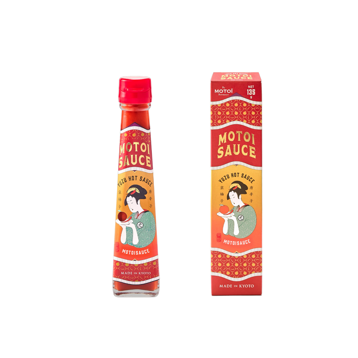 A bottle of motoi sauce and a package box