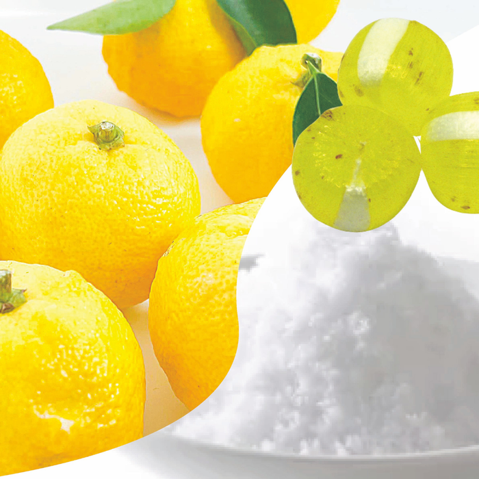 Three yuzu hard candies with salt and yuzu citruses