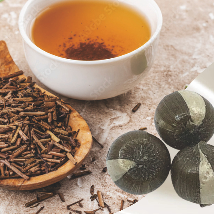 Three hojicha milk candies and a cup of hojicha tea