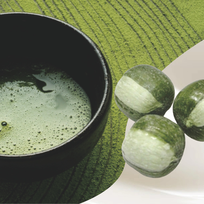 Three matcha milk hard candies and a bowl of matcha