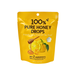 A yellow stand-up pouch of Yuji 100% Pure Honey Drops, featuring illustrations of lemons, honey, and a honey dipper on a white background.