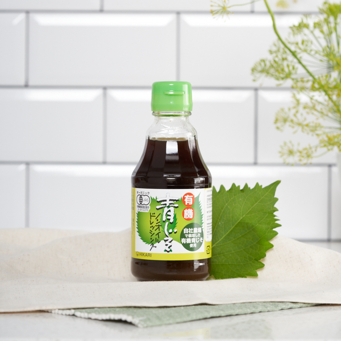 A package bottle of aojiso dressing with a shiso leaf