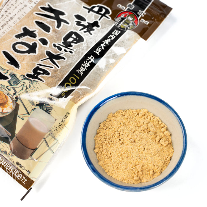 A small bowl of kinako powder in front of package
