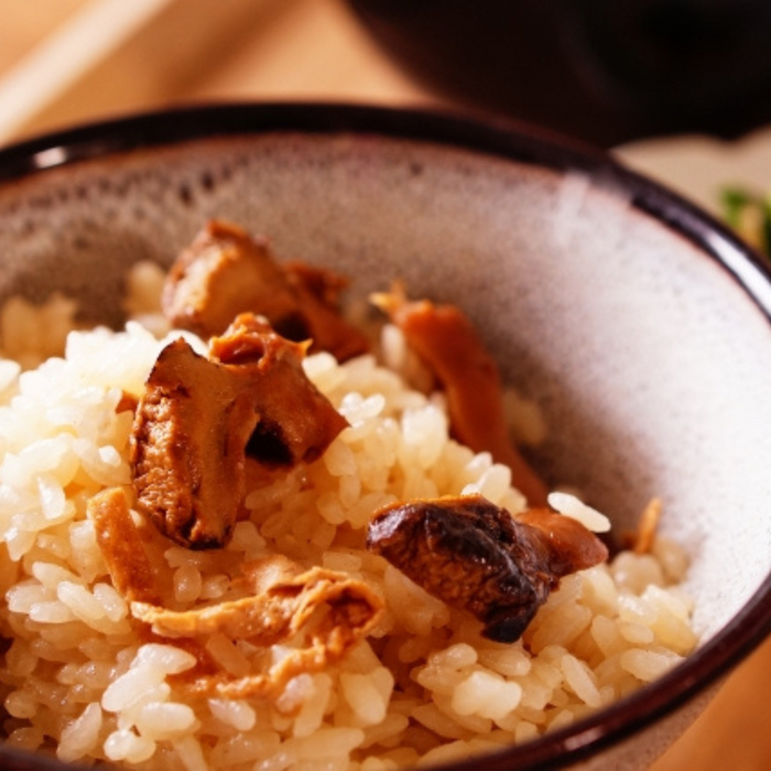 A bowl of rice topped with mushroom