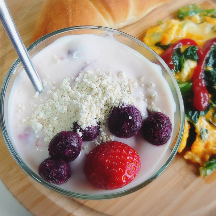 Blueberry yogurt topped with okara powder